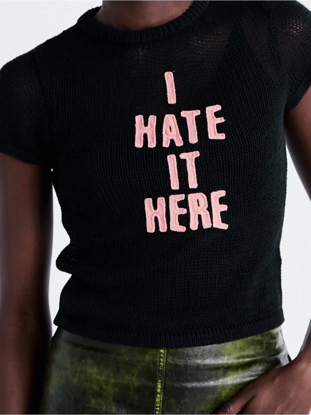 The Ragged Priest “I Hate It Here” Sheer Black Knit Tee